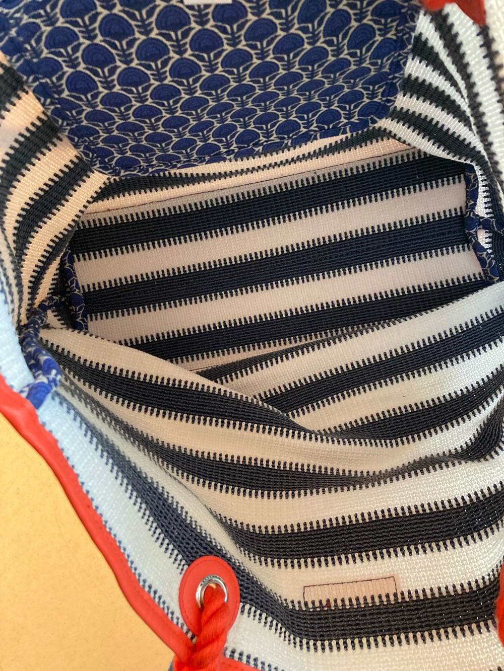 Vera Bradley Navy and White Striped Tote with Orange Trim and Tassel - Picture 5 of 11